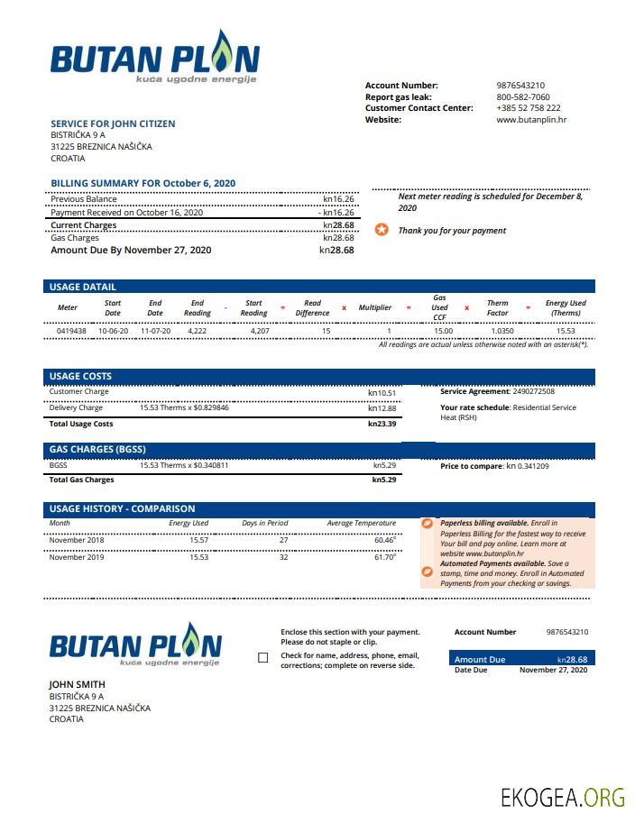 Croatia BUTAN PLIN d.o.o. gas utility bill